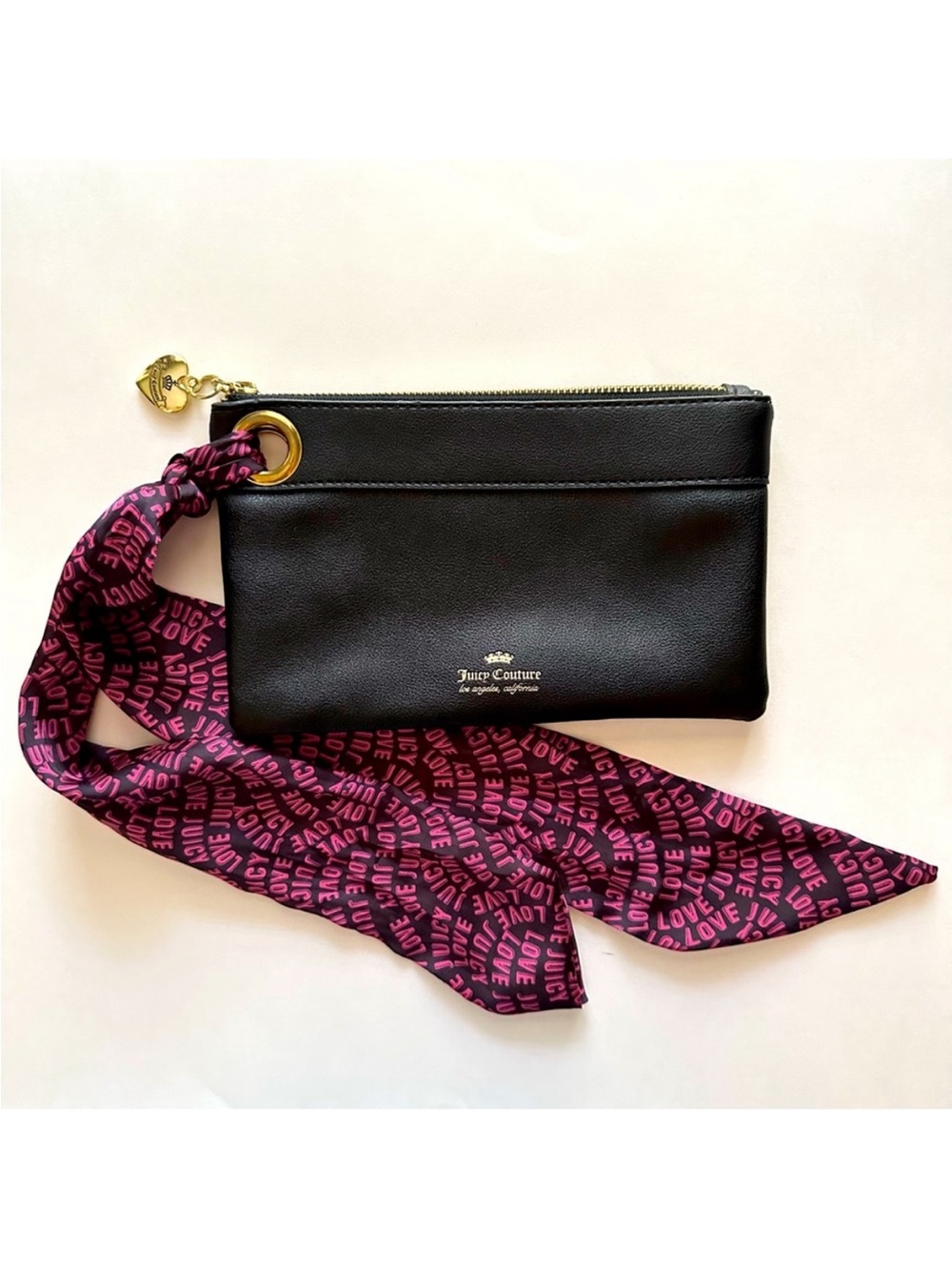 JUICY COUTURE black makeup bag clutch pink love scarf gold zipper heart charm